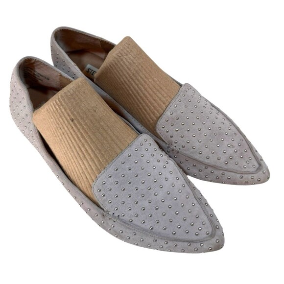 Steve Madden Loafer Women's size 8.5‎ Studded Light Grey Suede Leather Travel - Picture 1 of 11
